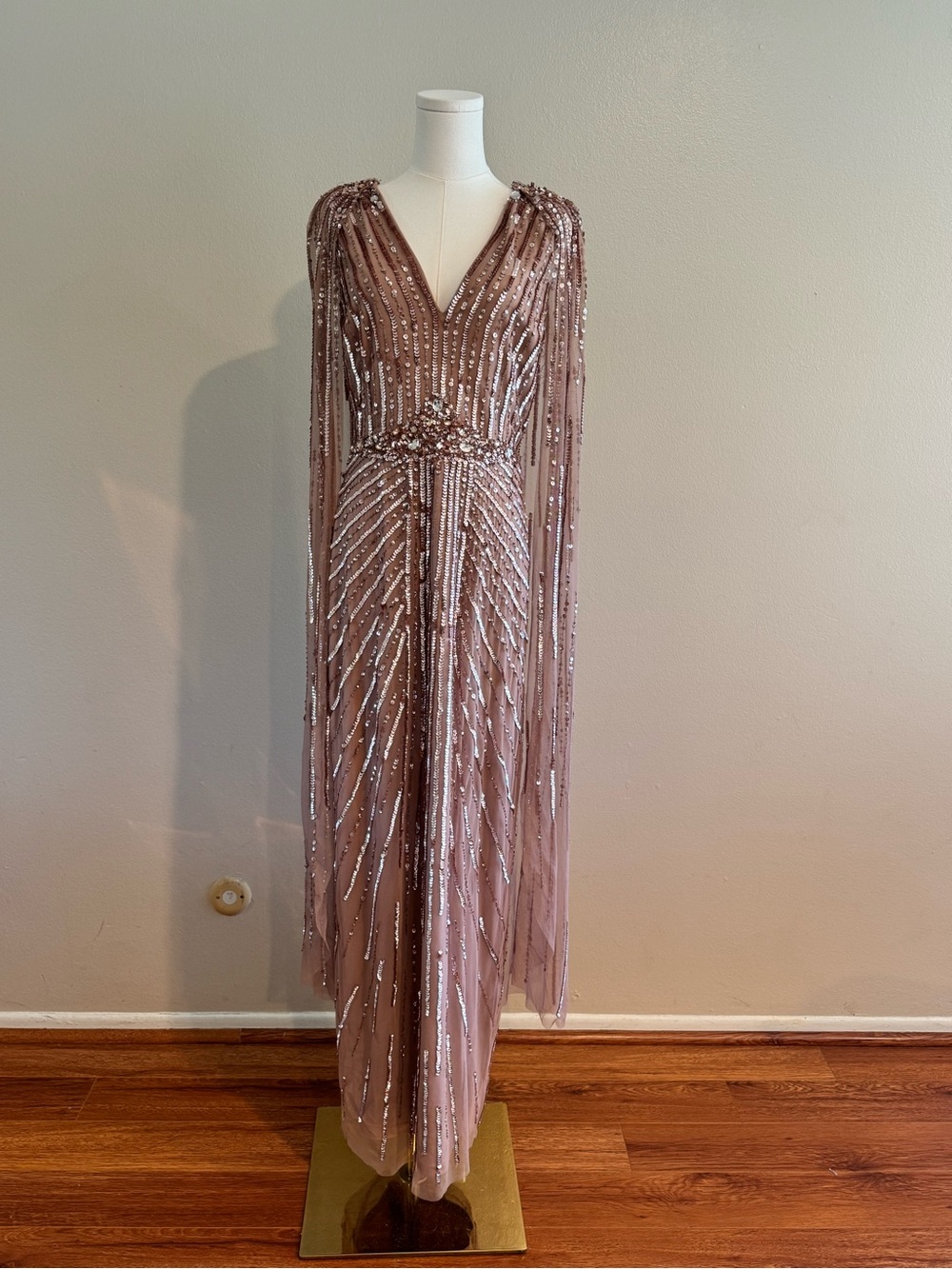 Adrianna Papell Beaded V-Neck Evening Cape Gown